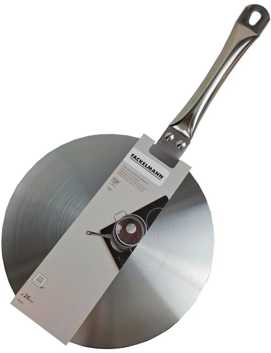 Fackelmann 682608 Inductie Adapter, Warmteverspreider, Verspreidingsplaat, Schakel Schijf, voor Pannen, Kookpotten, Braadpannen, Stoofpannen, Koffiezetapparaten, Kookgerei, RVS, Aluminium, 26 cm