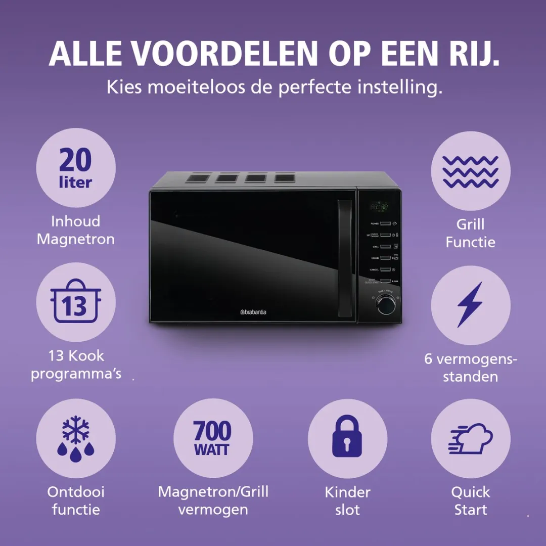 Brabantia BBEK1145DG Magnetron met Grill - 700W - Zwart