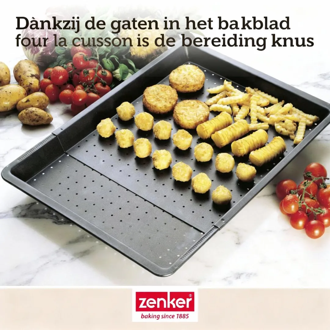 Zenker 6539 Uitbreidbare geperforeerde antiaanbak bakplaat, Bakplaat met gaten en Teflon coating, Zwart, Staal, Teflon coating, 37 tot 52cm