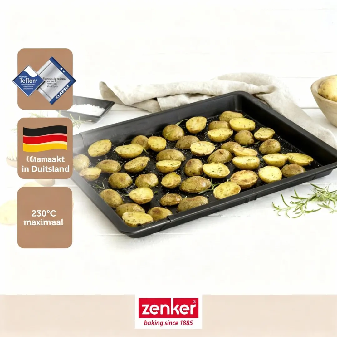 Zenker 6539 Uitbreidbare geperforeerde antiaanbak bakplaat, Bakplaat met gaten en Teflon coating, Zwart, Staal, Teflon coating, 37 tot 52cm