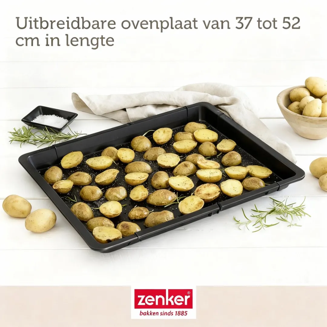 Zenker 6539 Uitbreidbare geperforeerde antiaanbak bakplaat, Bakplaat met gaten en Teflon coating, Zwart, Staal, Teflon coating, 37 tot 52cm