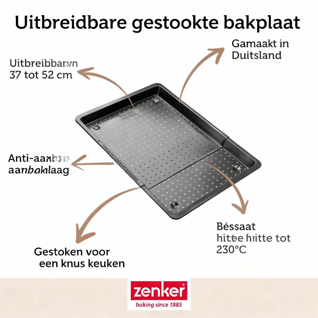 Zenker 6539 Uitbreidbare geperforeerde antiaanbak bakplaat, Bakplaat met gaten en Teflon coating, Zwart, Staal, Teflon coating, 37 tot 52cm