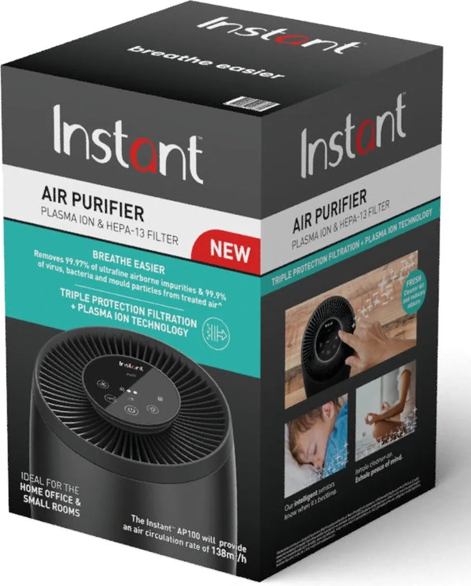 Instant™ Air Purifier Luchtreiniger Zwart -  Kleine Kamer tot ± 15m² - Met HEPA-13 Filter - 3-in-1 Filtratie Tegen Woning Allergenen & Huisdier Allergie - Verwijdert 99.9% Bacterien, Stof, Rook, & Stuifmeel met Plasma Ion Technologie - AP100