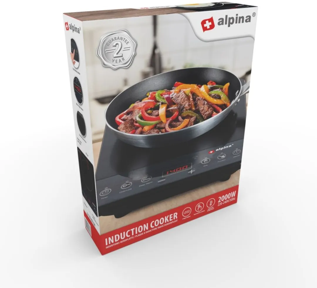 Alpina Inductieplaat - 1-Pits Kookplaat - 2000 W - Zwart