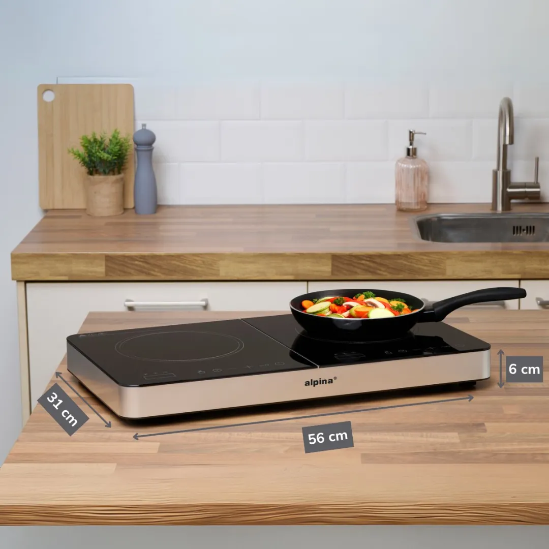 alpina 2-Pits Inductie Kookplaat Vrijstaand - Inductiekookplaat met 2 Kookzones - Touch Bediening, Kinderslot en Timer Functie - Digitaal display - 200-2000W