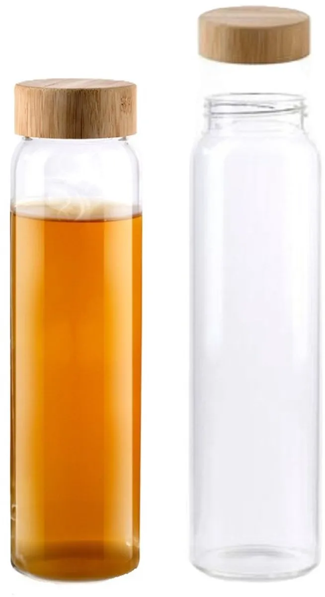 Alpina Glazen Waterfles 1000ml - 2 Stuks - Transparant met Bamboe Dop