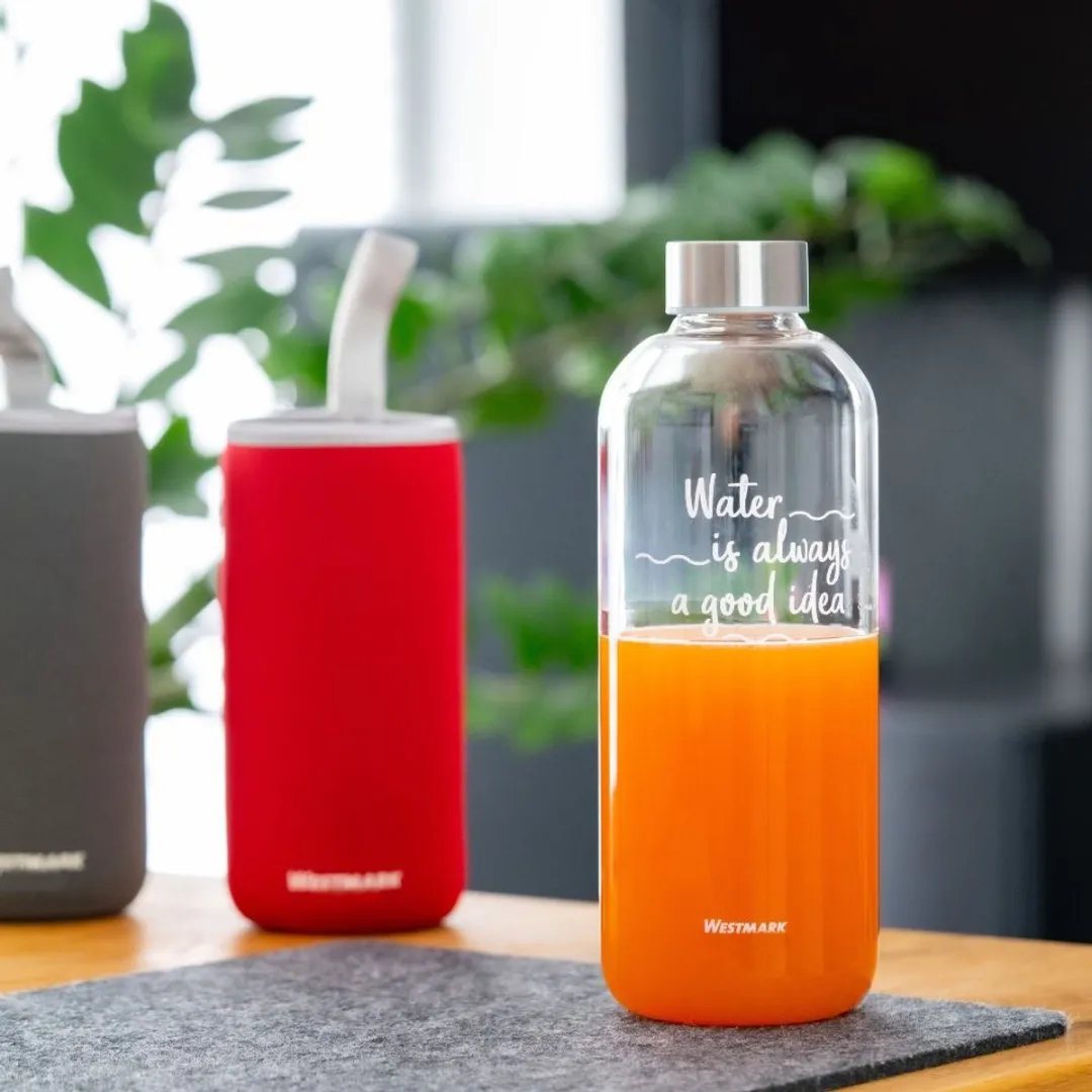 Westmark Viva Glas Drinkflessen 550ml - 2 Stuks - Rood/Anthraciet/Zilver/Transparant