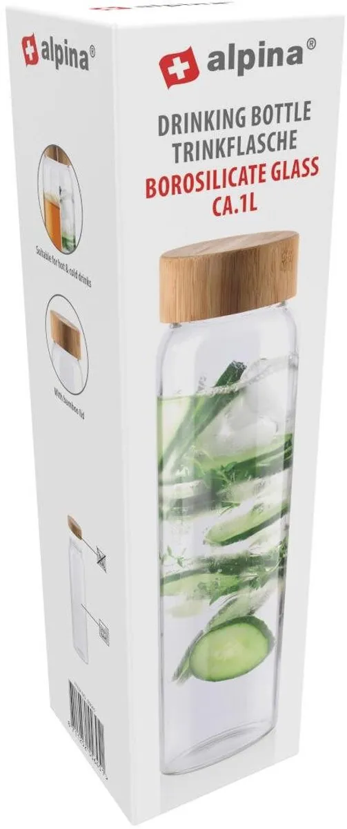 Alpina Glazen Waterfles 1000ml - Transparant met Bamboe Dop