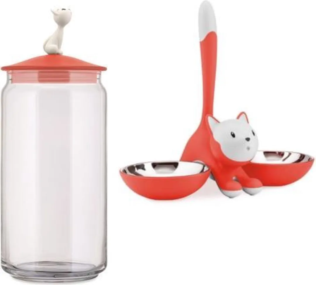 Alessi Tigrito Poezen Voerbak-Set met Voorraadbus Rood