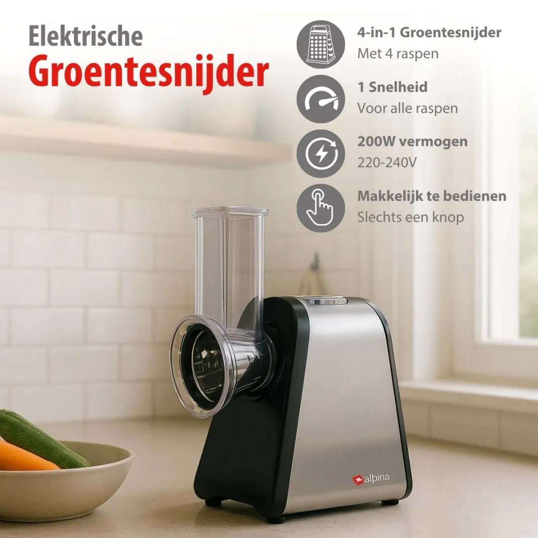 Alpina MEALEL7500/006 Elektrische Groentesnijder - 200W - 4 RVS Messen - Zilver