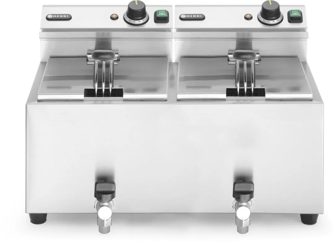 HENDI Dubbele Friteuse 16L 7000W - Aftapkraan - RVS