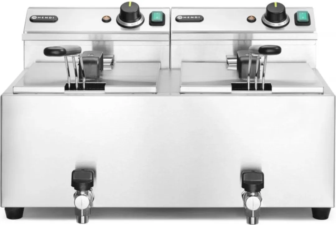 HENDI Dubbele Friteuse 16L 7000W - Aftapkraan - RVS