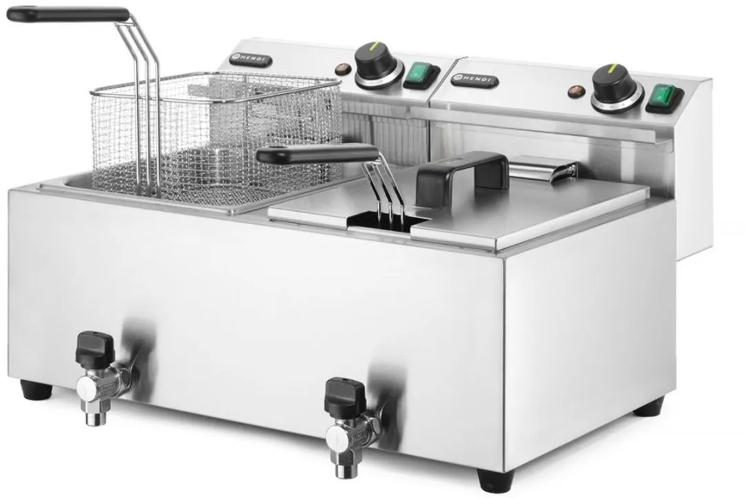 HENDI Dubbele Friteuse 16L 7000W - Aftapkraan - RVS