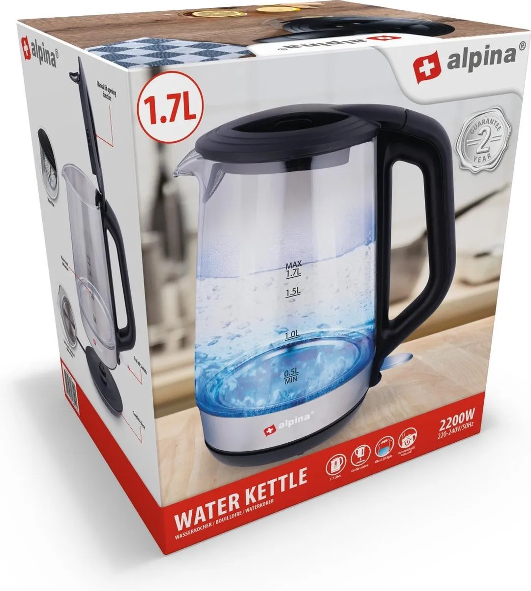 Alpina MEALEL7180/007 Waterkoker 1,7L - 2200W - Snoerloos - Zwart/Transparant