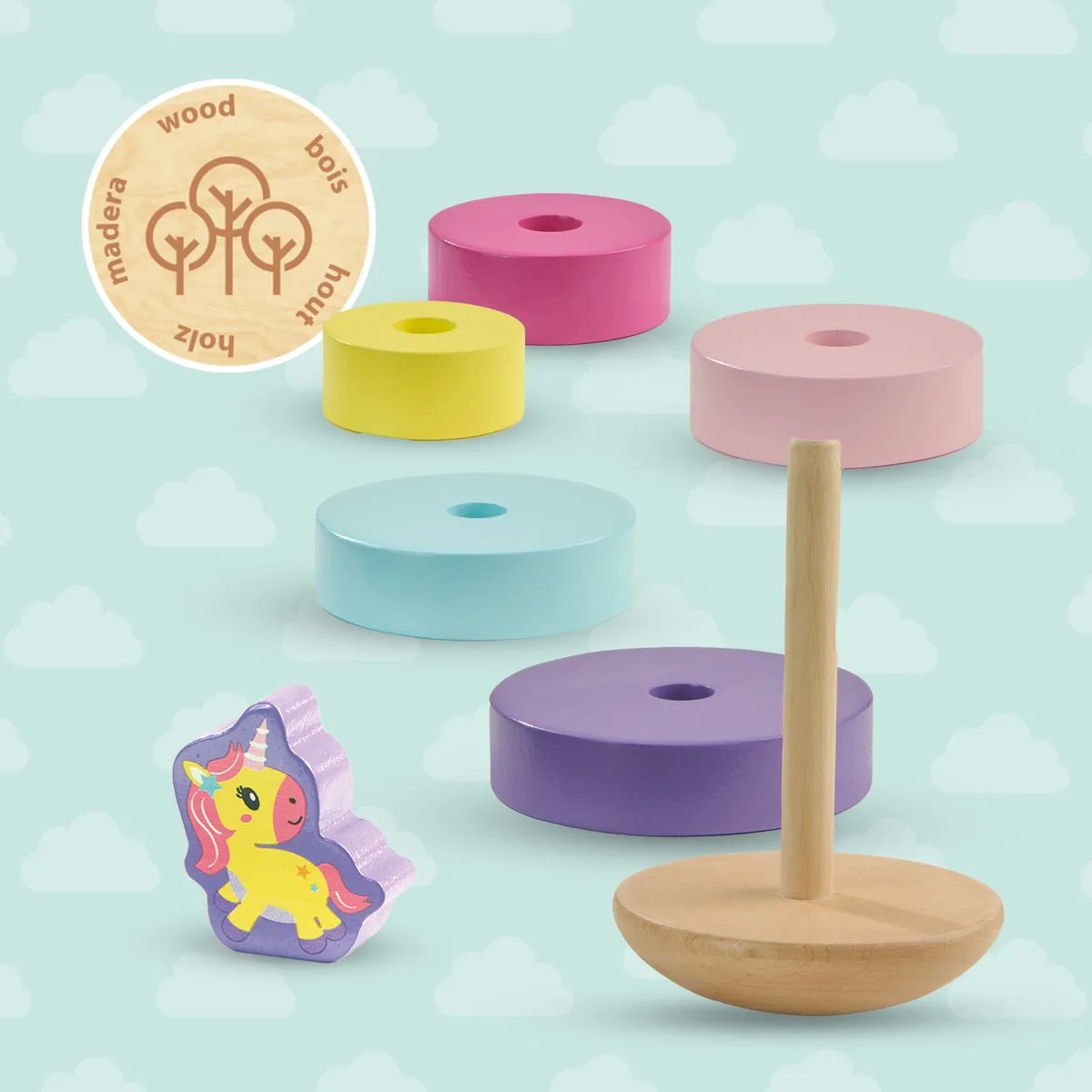 SES Creative Tiny Talents Houten Stapeltoren Eenhoorn - 6 Stukken