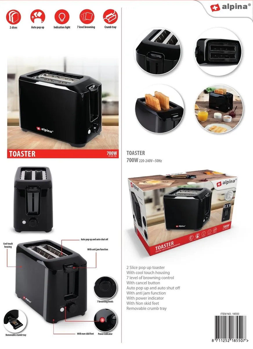 Alpina TA01102-GS Broodrooster 2 Snacks 700W - Zwart