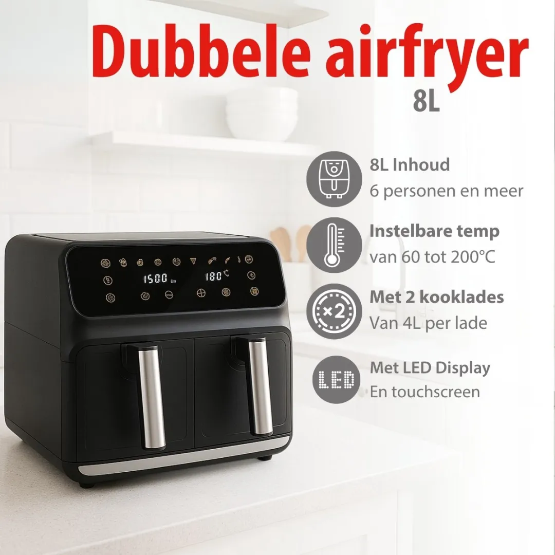 Alpina Dubbele Airfryer XXL 2x4L - 1700W - 8 Programma's - Zwart