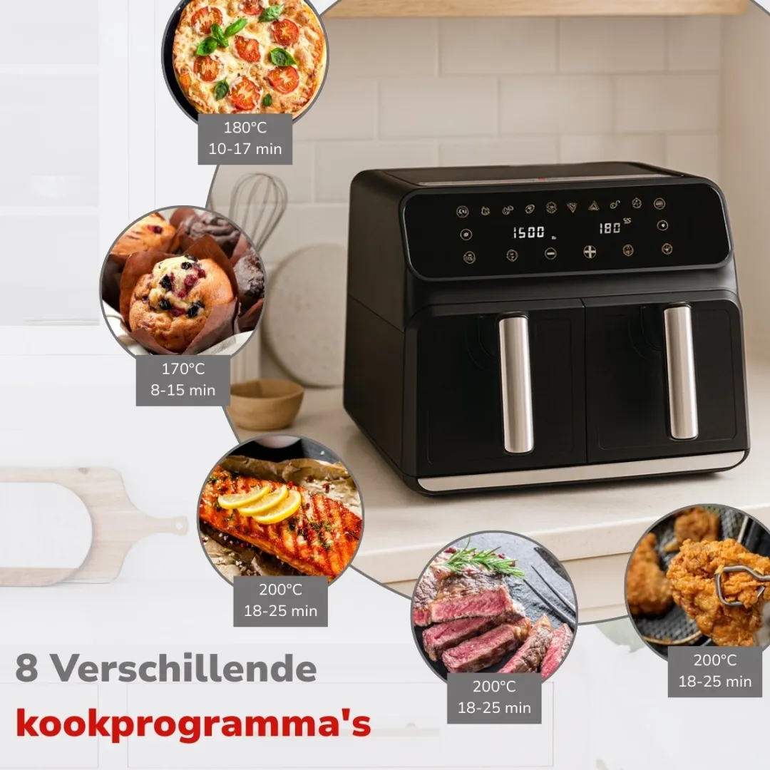 Alpina Dubbele Airfryer XXL 2x4L - 1700W - 8 Programma's - Zwart
