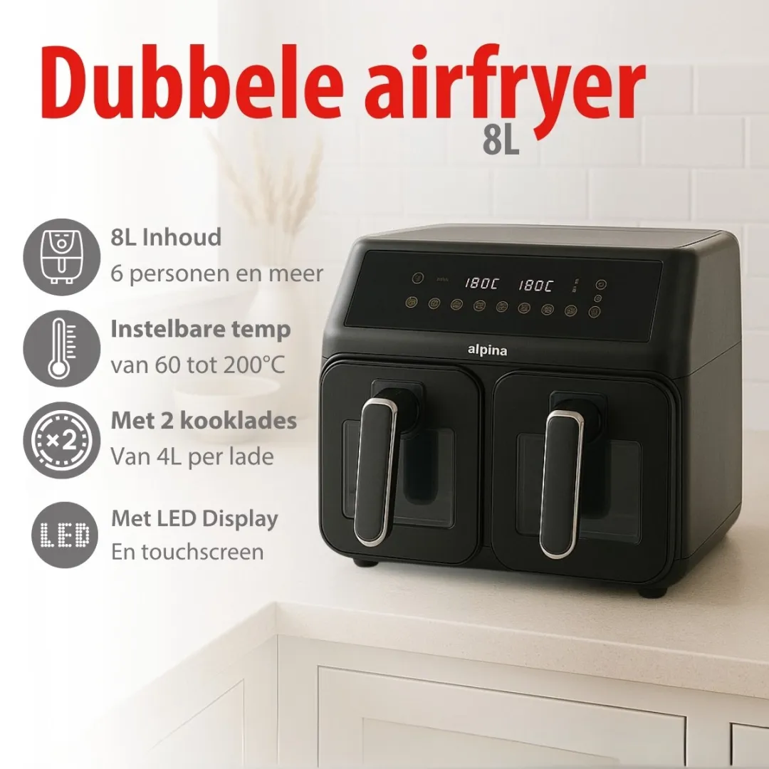 Alpina Dubbele Airfryer XXL 2x4L - 1700W - 8 Programma's - Zwart