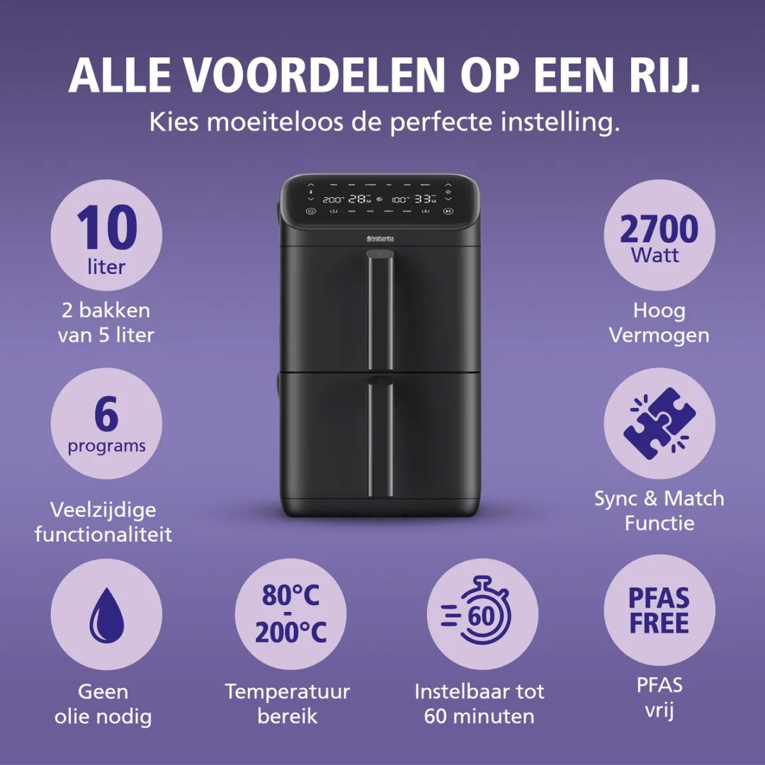 Brabantia Dubbele Airfryer XXL 10L - 2700W - 8 Programma's