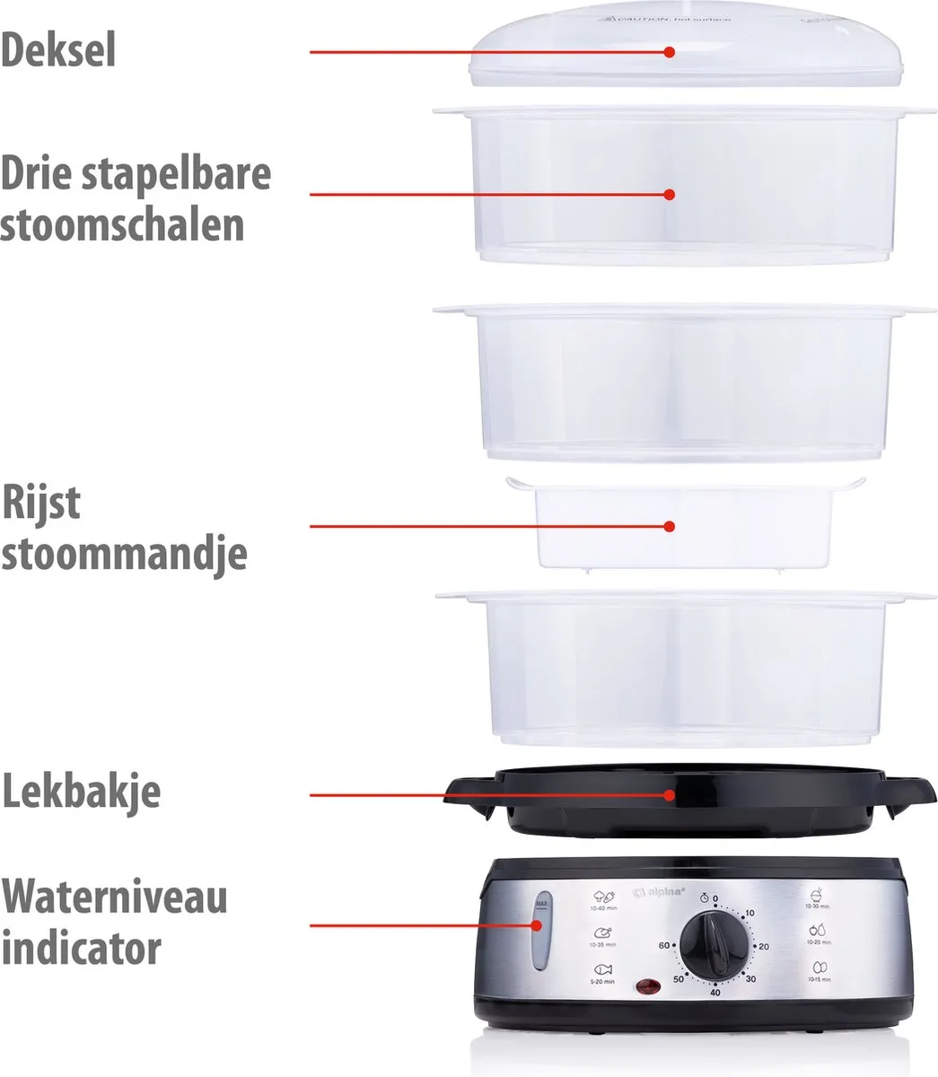 Alpina Stoomkoker 9L - 800W - 3 Lagen - Zilver