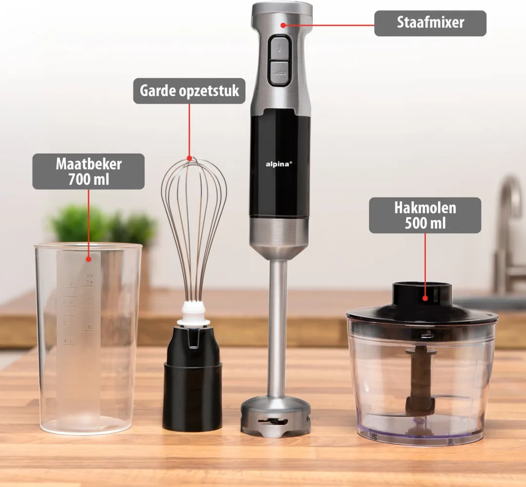 Alpina HB6700F-N Staafmixer Set - 1000W - 4-delig - Zwart/Zilver