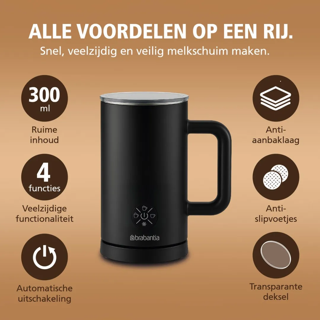 Brabantia BBEK1048 Elektrische Melkopschuimer 500W - 300ml - Zwart