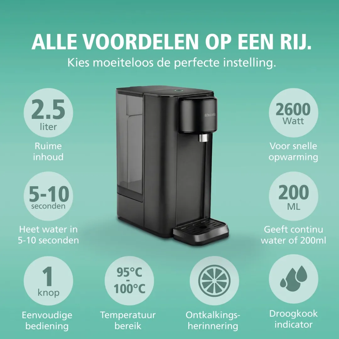 Brabantia Heetwaterdispenser BBEK1103 - 2,5L - 2400W - Zwart