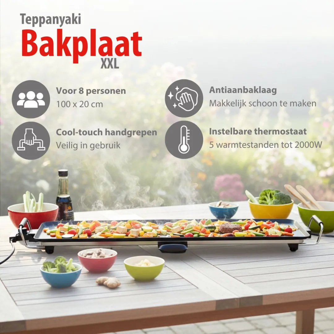 Alpina Teppanyaki Bakplaat XXL 2000W - 100x20cm - Zwart