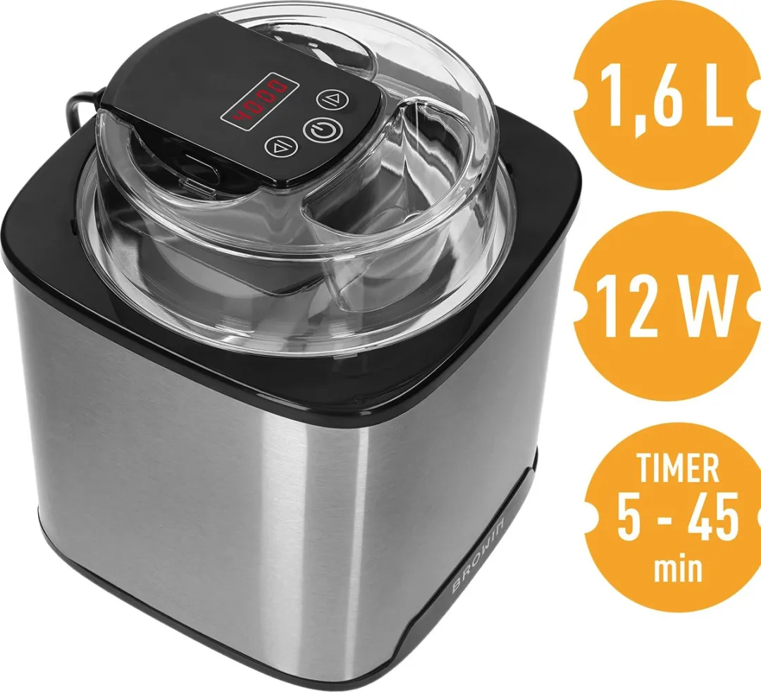 Browin IJs en Sorbetmachine 60W - 1.6L Metaalkleurig