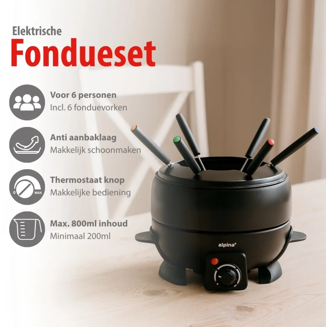 Alpina Elektrische Fondueset 800W - 2L - 4 Vorken - Zwart