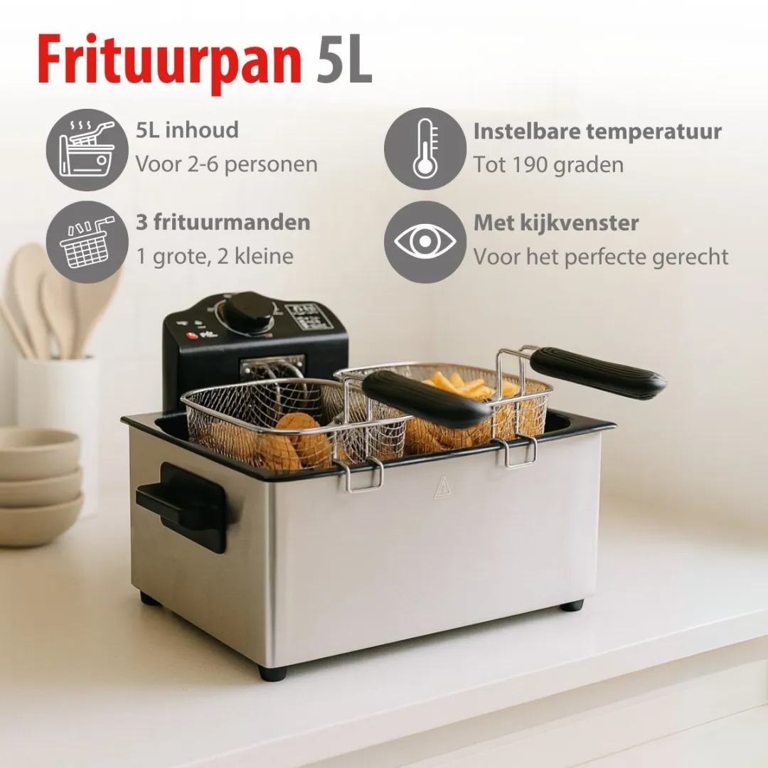 Alpina Frituurpan 5L - 2000W - 3 Frituurmanden - Meerkleurig