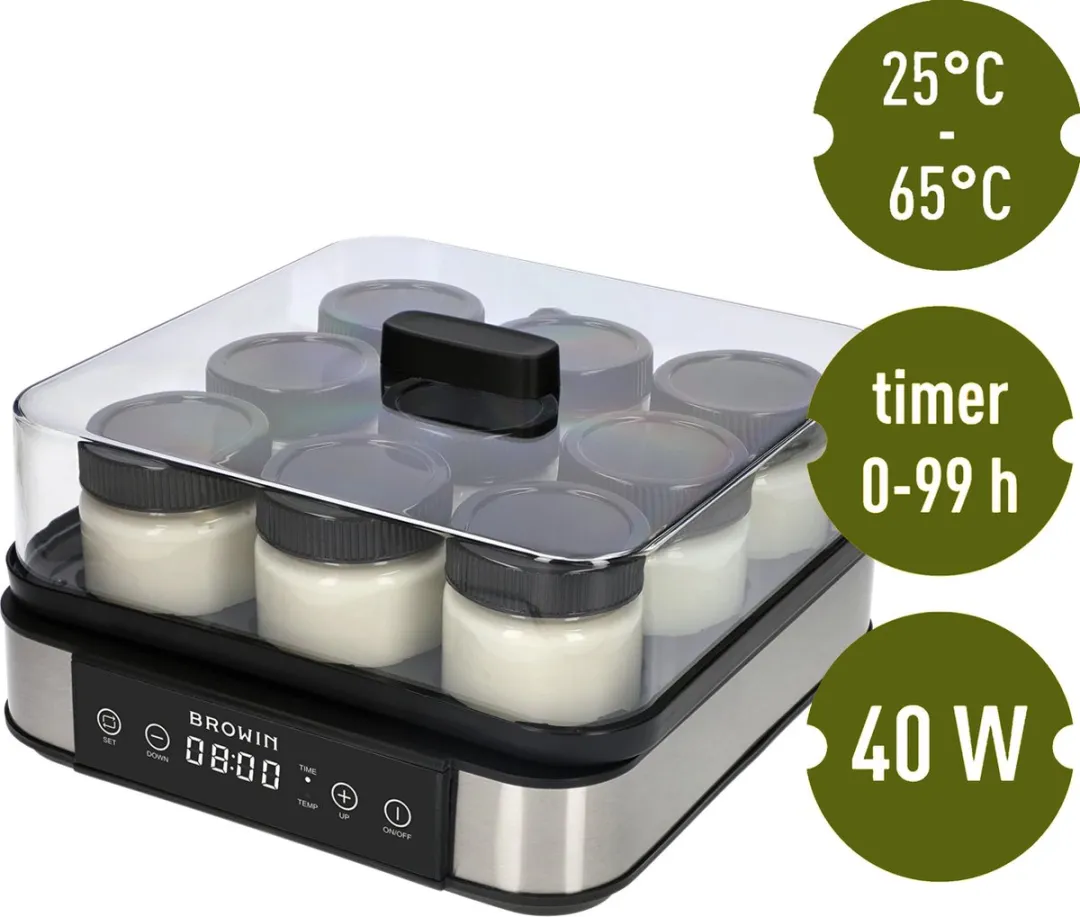Browin Yoghurtmaker 1.6L - 9 Potten - 40W - Zwart/Transparant
