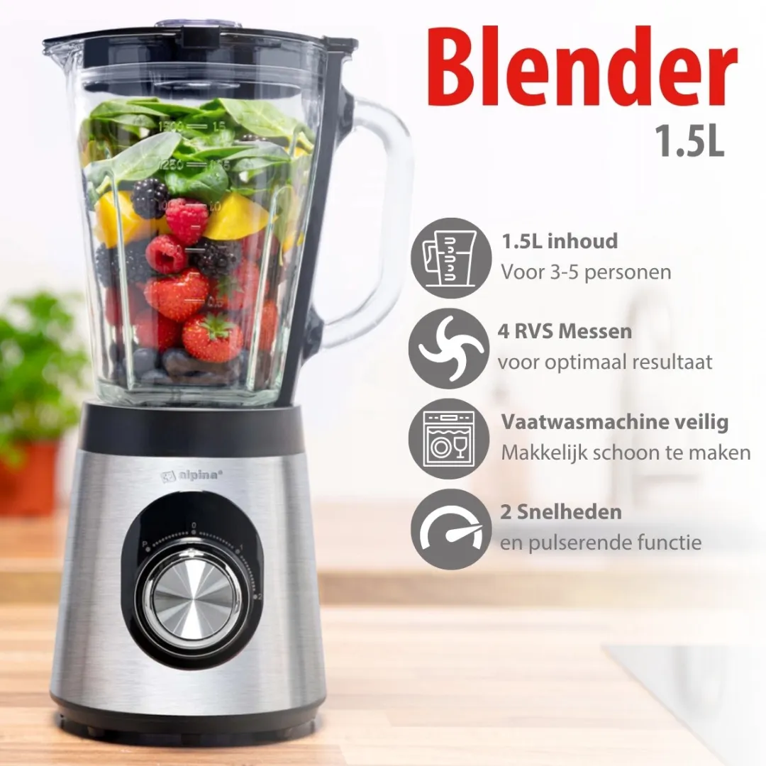Alpina Blender Smoothie 1.5L Mixer 500W - Zilver