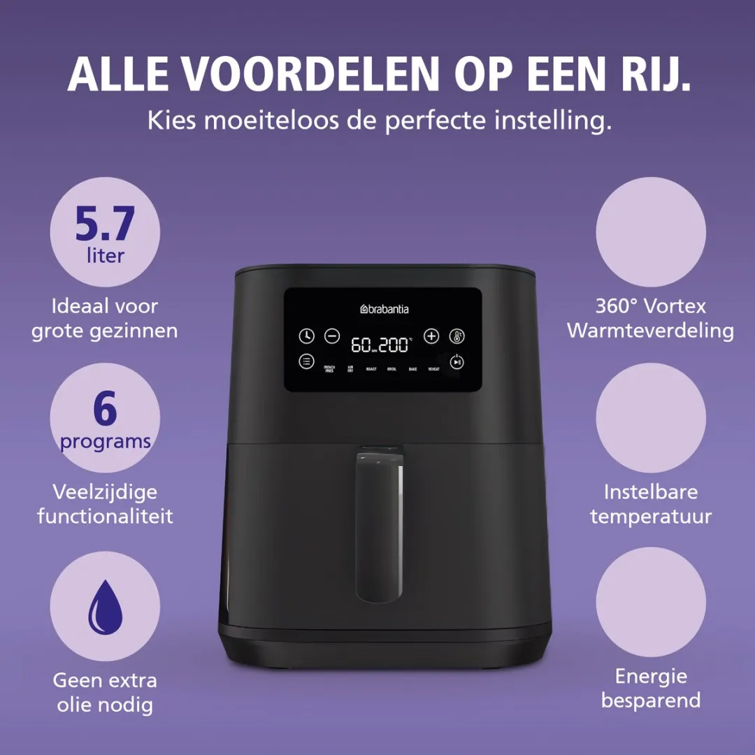 Brabantia Airfryer XXL BBEK1137 - 1700W - 5.7L - Zwart