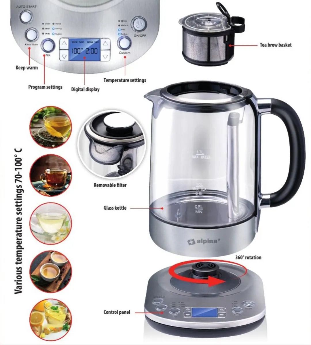Alpina MEALEL7180/007 Waterkoker 2200W - 2L - Glas - afbeelding 6 van 6
