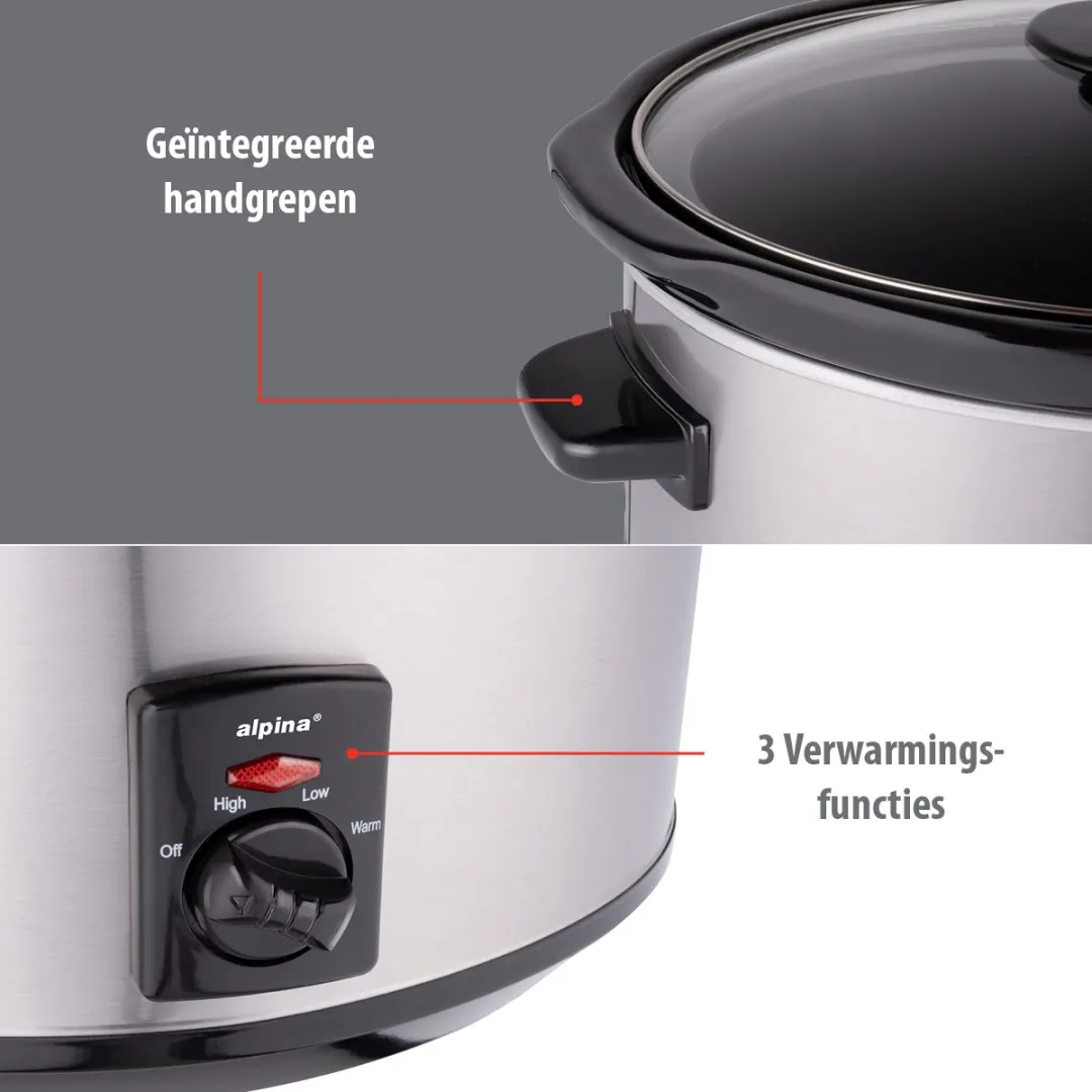 Alpina Slowcooker 3.5L - Keramische binnenpan - 240W - Zilver