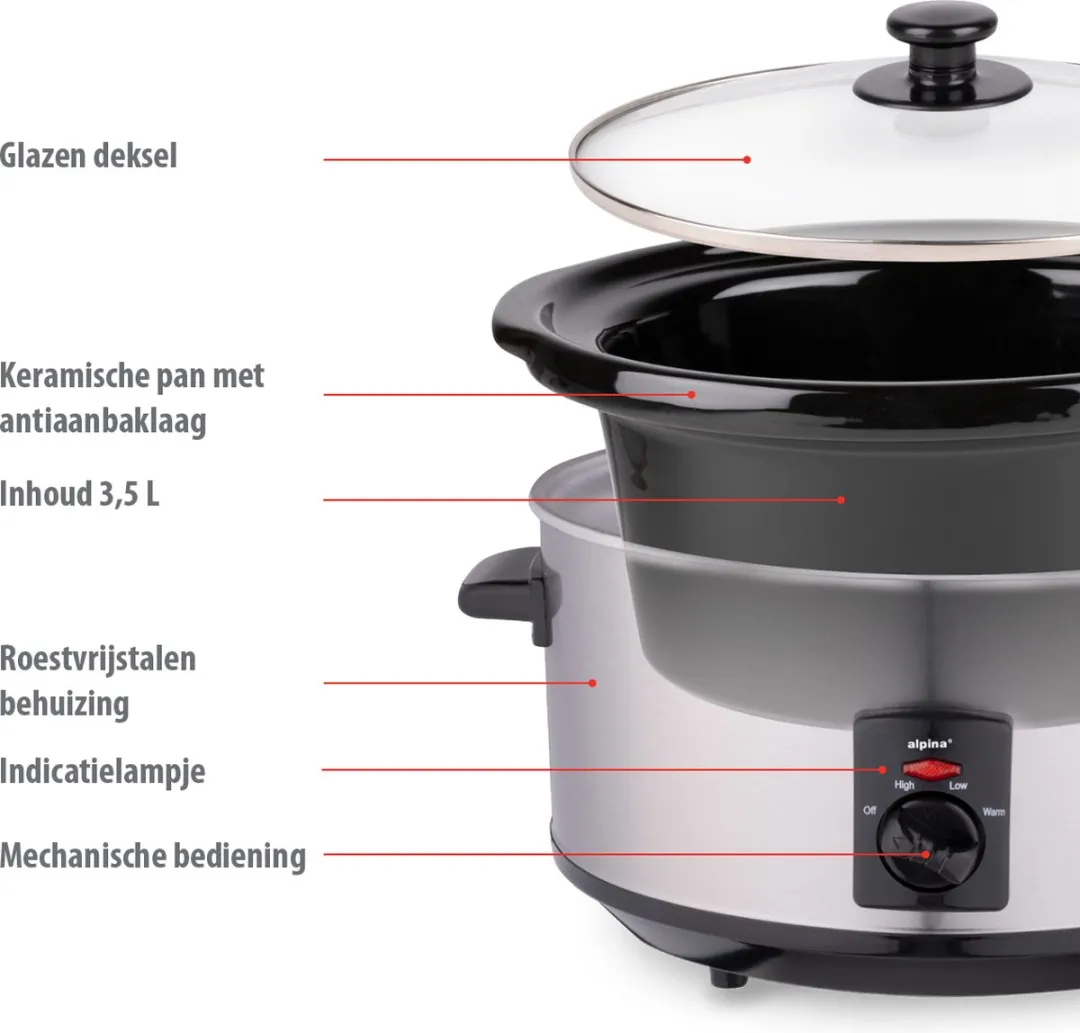 Alpina Slowcooker 3.5L - Keramische binnenpan - 240W - Zilver