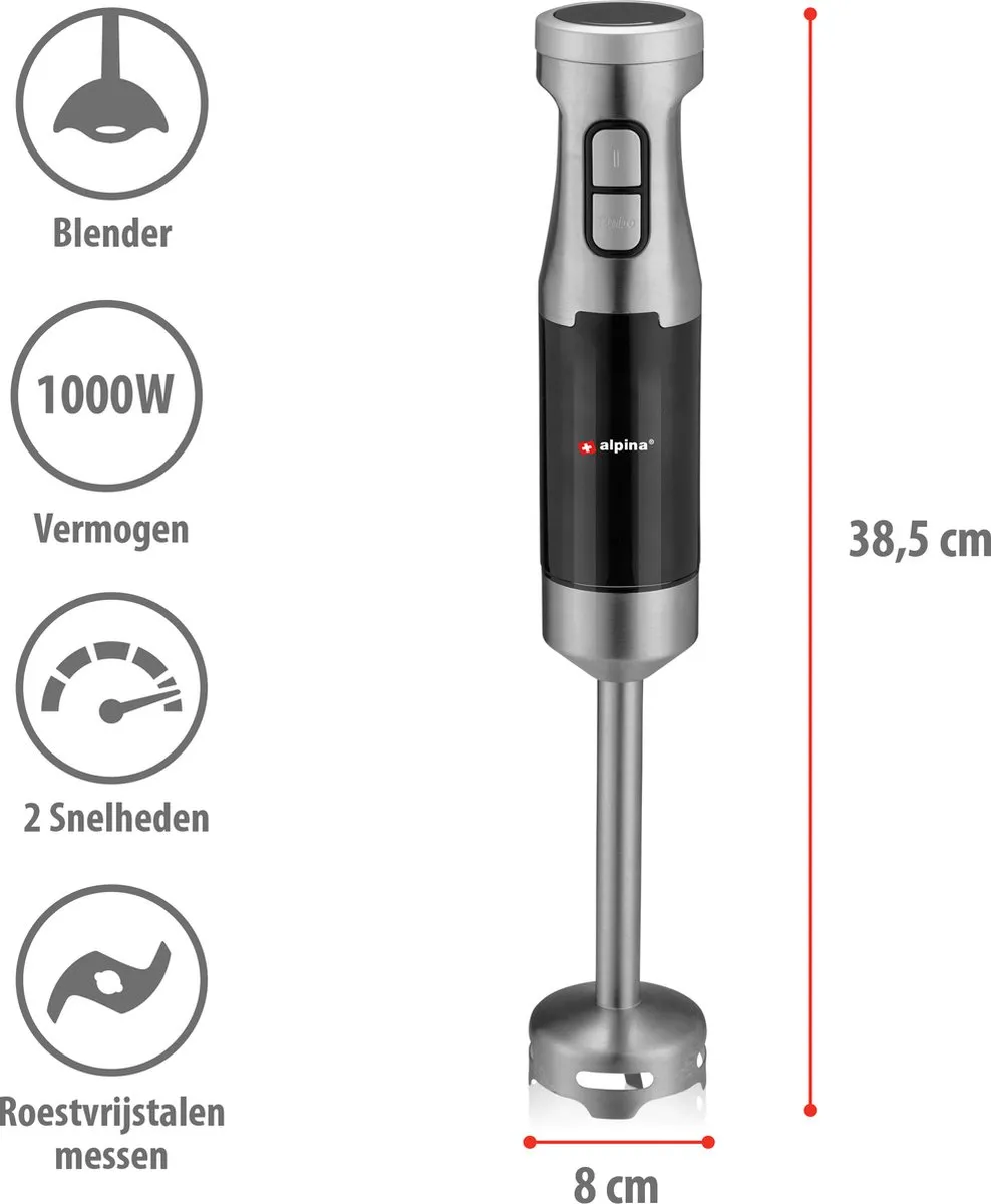 Alpina HB6700F-N Staafmixer 1000W - 2 Snelheden - 700ml Maatbeker - Zwart/Zilver