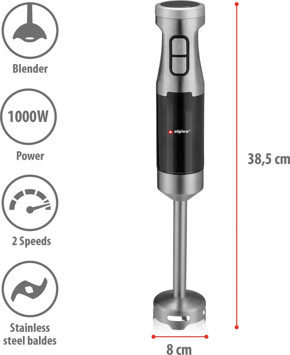 Alpina HB6700F-N Staafmixer 1000W - 2 Snelheden - 700ml Maatbeker - Zwart/Zilver