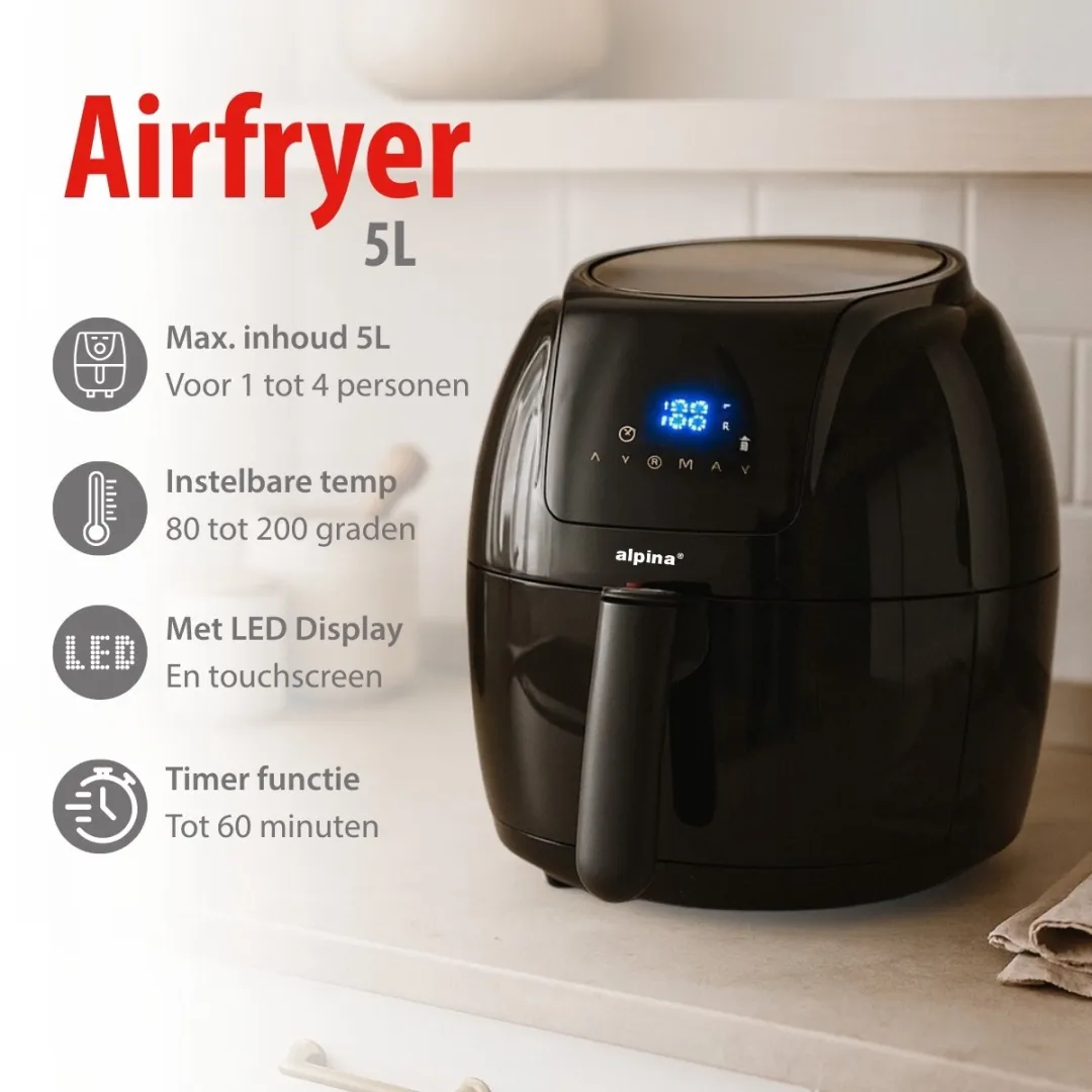 Alpina Airfryer 5L - 1800W - Zwart