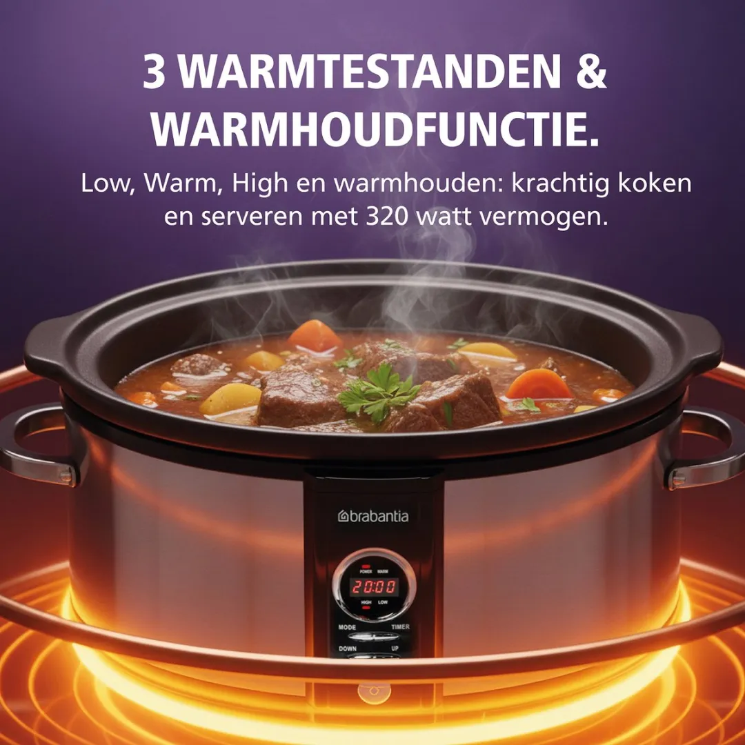 Brabantia BBEK1083 Slowcooker 6.5L - 320W - Keramische binnenpan - Zilver