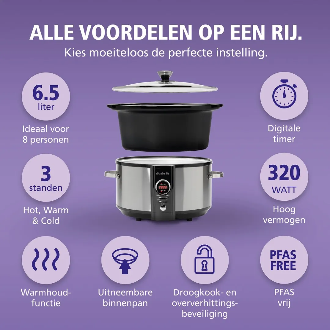 Brabantia BBEK1083 Slowcooker 6.5L - 320W - Keramische binnenpan - Zilver