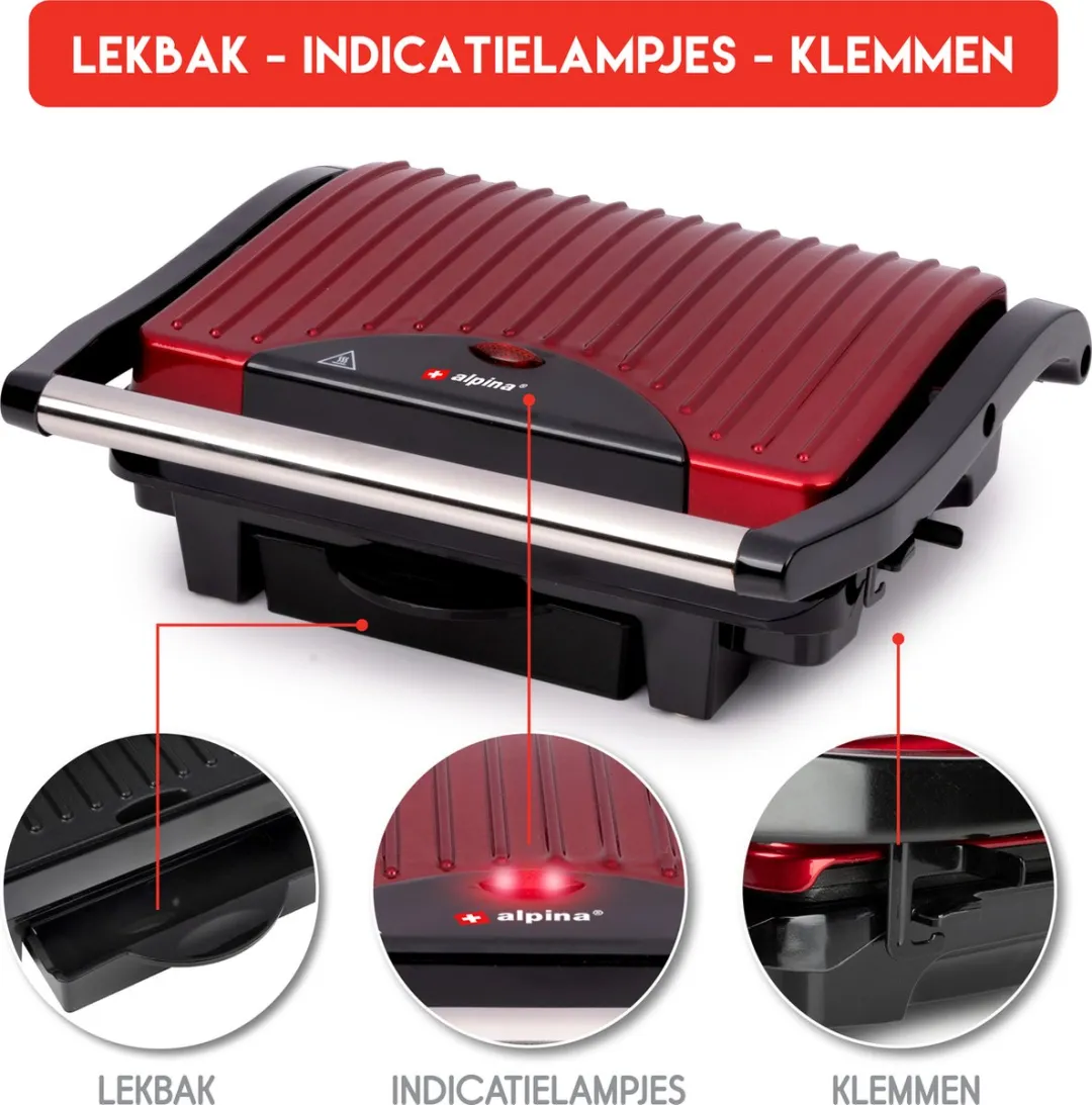 Alpina Contact Grill 1000W - 2 Platen - Zwart/Rood