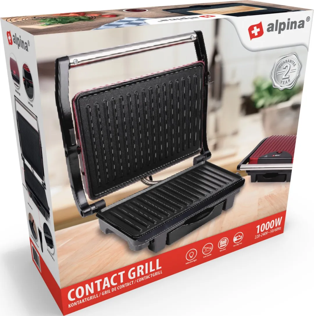 Alpina Contact Grill 1000W - 2 Platen - Zwart/Rood - afbeelding 6 van 6