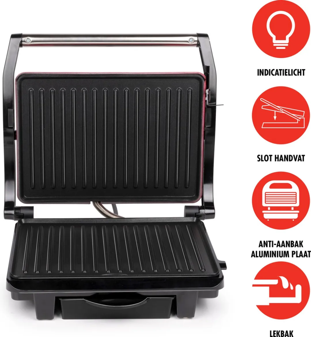 Alpina Contact Grill 1000W - 2 Platen - Zwart/Rood