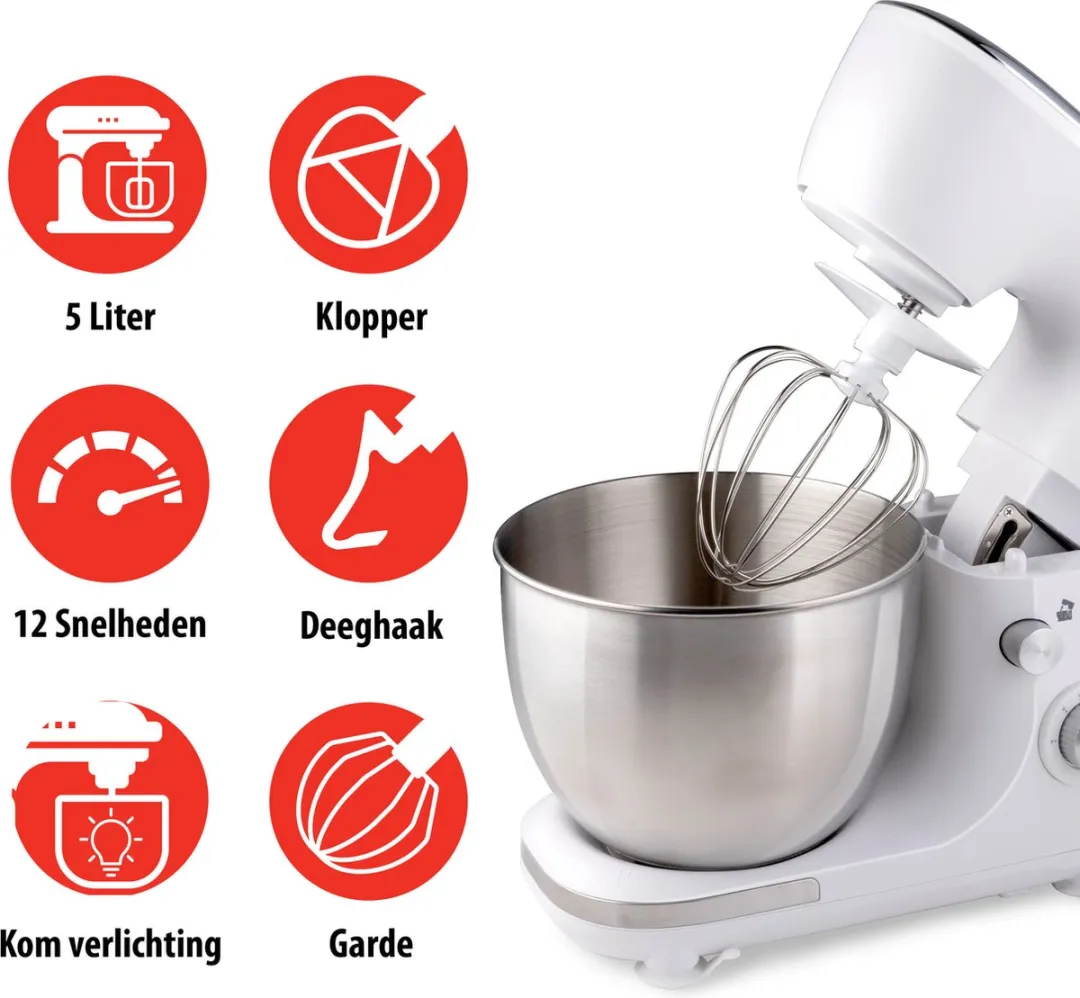Alpina Keukenmachine 800W - 5L RVS Kom - 12 Snelheden - Wit