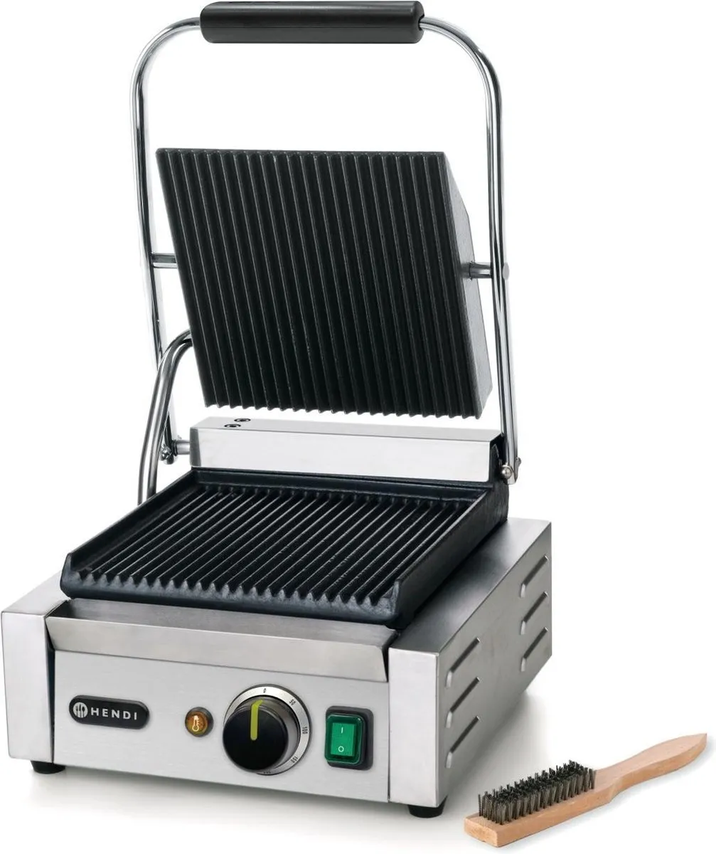 HENDI Enkel contactgrill – geribd boven en onder – 230V/1800W – 310x426x510 mm