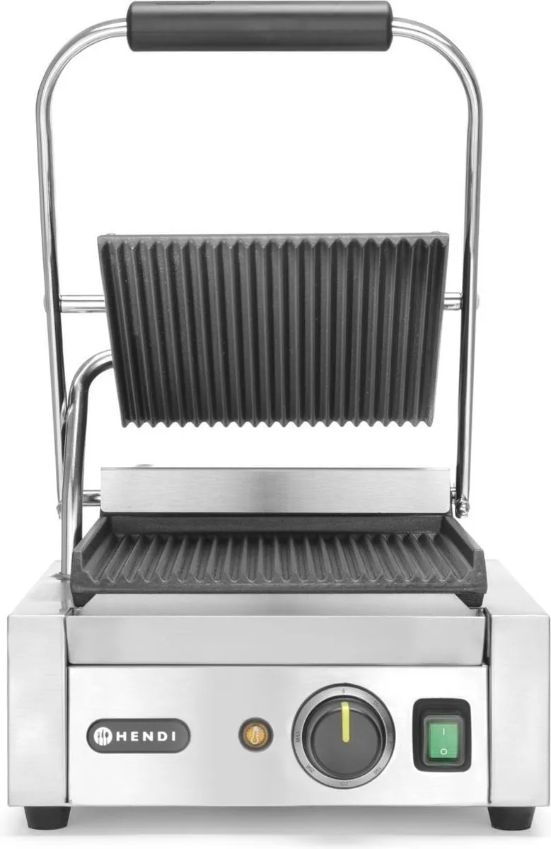 HENDI Enkel contactgrill – geribd boven en onder – 230V/1800W – 310x426x510 mm