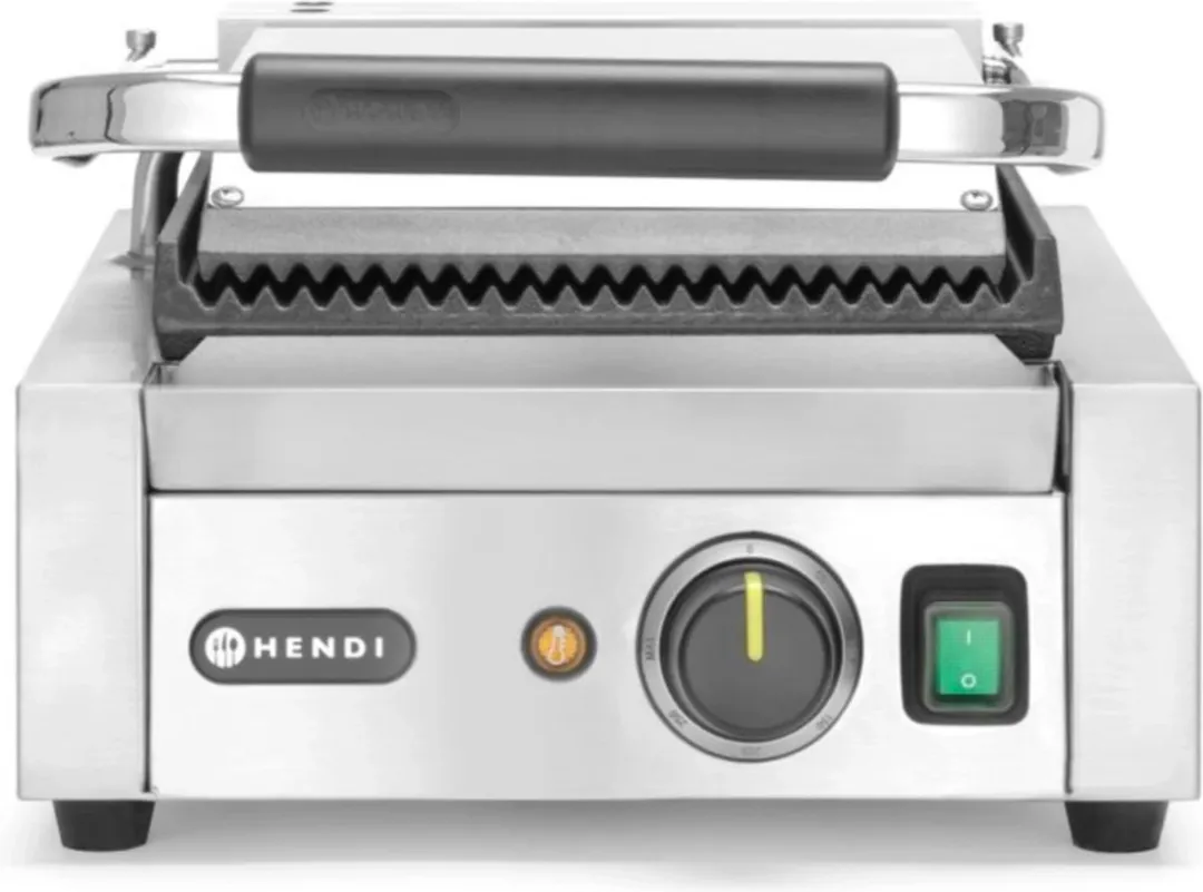 HENDI Enkel contactgrill – geribd boven en onder – 230V/1800W – 310x426x510 mm